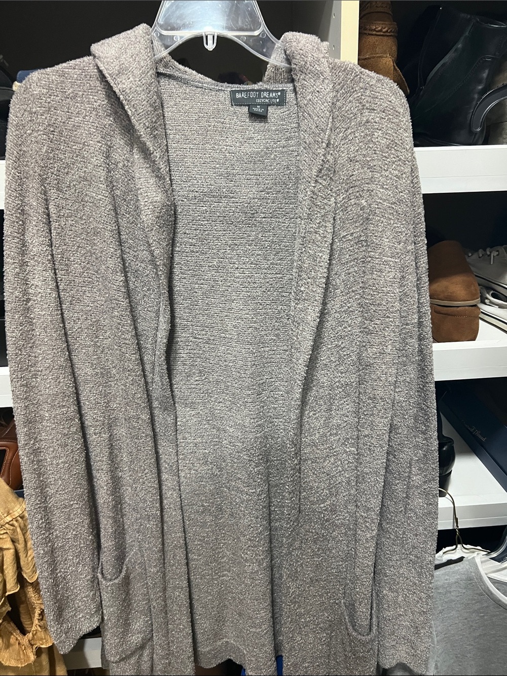 Barefoot Dreams Open Hooded Cardigan in Taupe Gray